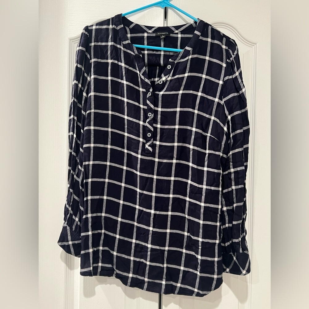 TALBOTS WOMEN Windowpane Check SHIRT SIZE L - Dark Navy Blue